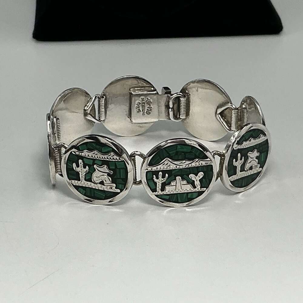 Sterling Silver Crushed Malachite Round Disc Bracelet Taxco Mexico 50.6 Grams 7” - Picture 9 of 12